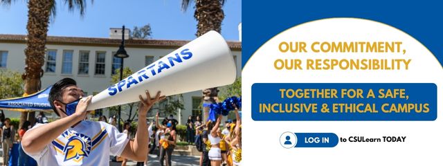 Image of cheerleader with megaphone; text that reads our commitment, our responsibility, together for a safe and ethical campus